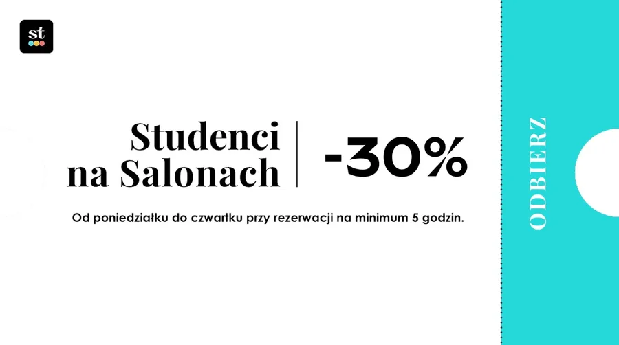 Kupon: Studenci na Salonach -30%, Od poniedziałku do czwartku przy rezerwacji na minimum 5 godzin.