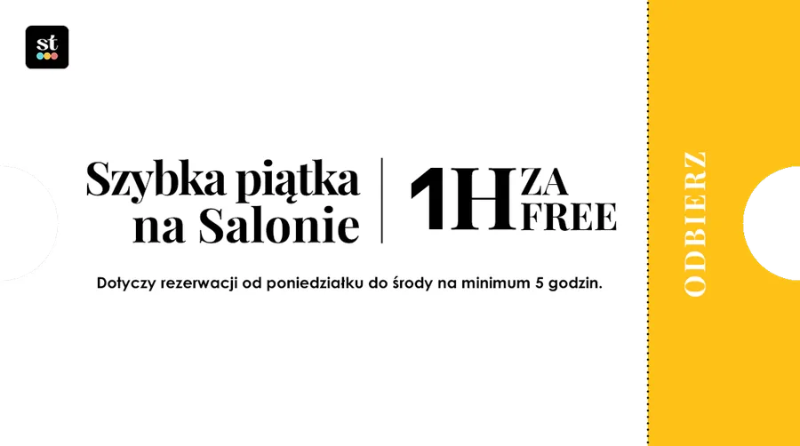 Kupon: Szybka piątka na Salonie 1H  ZA FREE , Dotyczy rezerwacji od poniedziałku do środy na minimum 5 godzin.